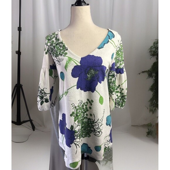 Anthropologie Deletta Haru S Floral Tunic Top Blue Green Puff Sleeve Mid Mod MCM - Picture 3 of 15